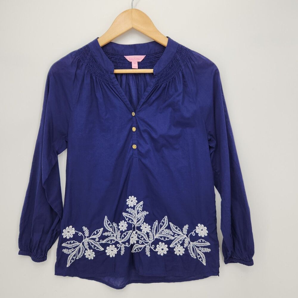 Lilly Pulitzer Womens Elsa Top Button V Neck Floral Embroidery Navy Blue Size XS